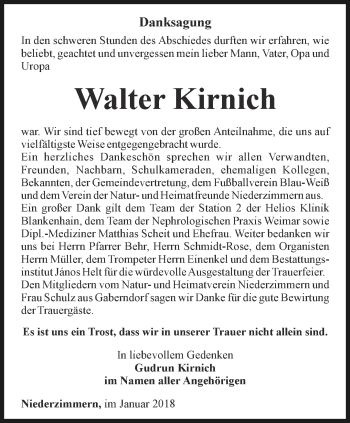 Traueranzeige von Walter Kirnich von Thüringer Allgemeine, Thüringische Landeszeitung