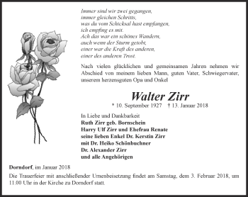 Traueranzeige von Walter Zirr von Ostthüringer Zeitung, Thüringische Landeszeitung