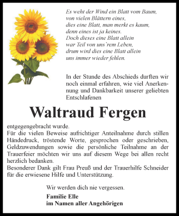 Traueranzeige von Waltraud Fergen von Ostthüringer Zeitung, Thüringische Landeszeitung