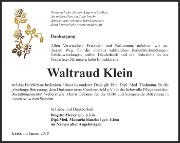 Traueranzeige von Waltraud Klein