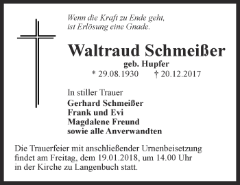 Traueranzeige von Waltraud Schmeißer von Ostthüringer Zeitung