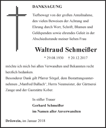 Traueranzeige von Waltraud Schmeißer von Ostthüringer Zeitung