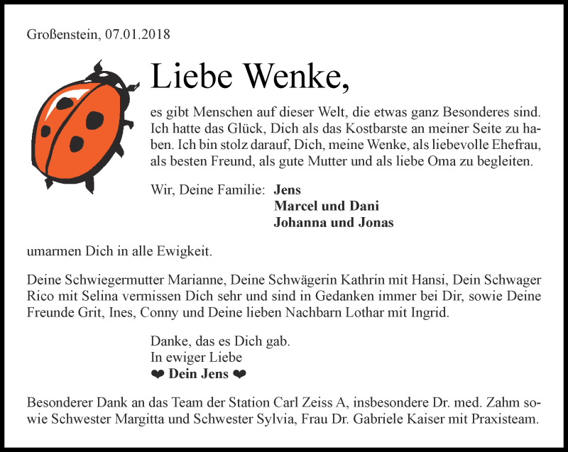  Traueranzeige für Wenke Mack vom 16.01.2018 aus Ostthüringer Zeitung