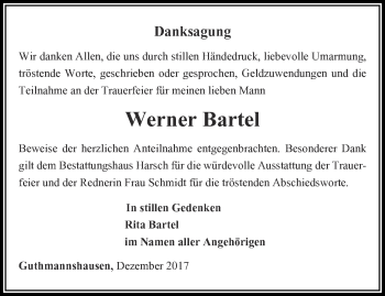 Traueranzeige von Werner Bartel von Thüringer Allgemeine