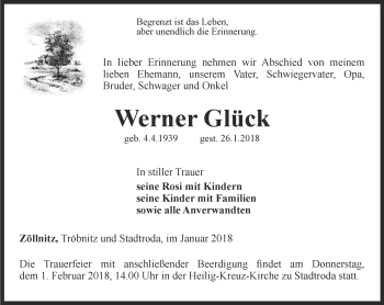 Traueranzeige von Werner Glück von Ostthüringer Zeitung