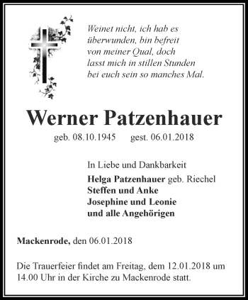 Traueranzeige von Werner Patzenhauer von Thüringer Allgemeine