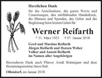 Traueranzeige von Werner Reifarth von Thüringer Allgemeine, Thüringische Landeszeitung