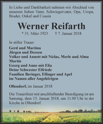 Traueranzeige von Werner Reifarth von Thüringer Allgemeine, Thüringische Landeszeitung