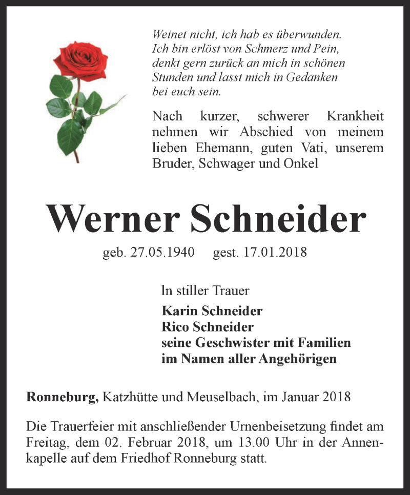  Traueranzeige für Werner Schneider vom 24.01.2018 aus Ostthüringer Zeitung
