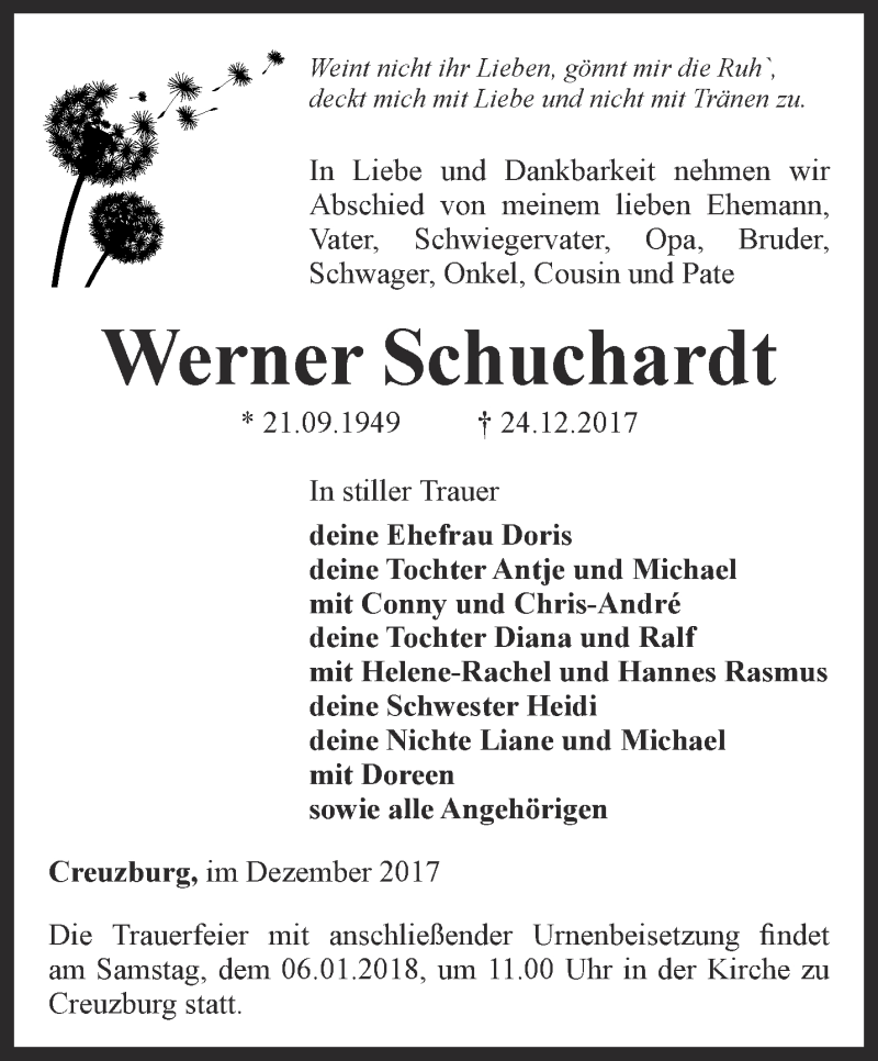  Traueranzeige für Werner Schuchardt vom 03.01.2018 aus Thüringer Allgemeine, Thüringische Landeszeitung