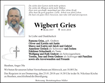 Traueranzeige von Wigbert Gries von Thüringer Allgemeine