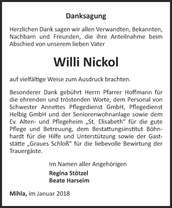 Traueranzeige von Willi Nickol von Thüringer Allgemeine, Thüringische Landeszeitung