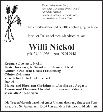 Traueranzeige von Willi Nickol von Thüringer Allgemeine, Thüringische Landeszeitung