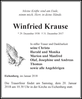 Traueranzeige von Winfried Krause von Ostthüringer Zeitung, Thüringische Landeszeitung