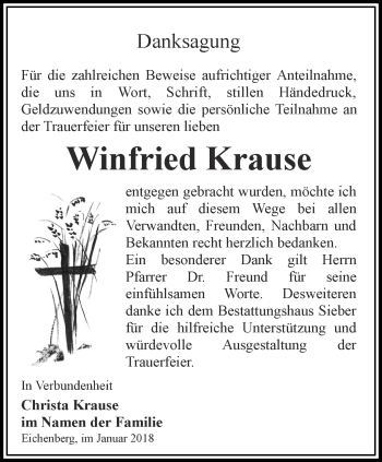 Traueranzeige von Winfried Krause von Ostthüringer Zeitung, Thüringische Landeszeitung