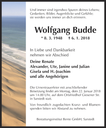 Traueranzeige von Wolfgang Budde von Thüringer Allgemeine, Thüringische Landeszeitung
