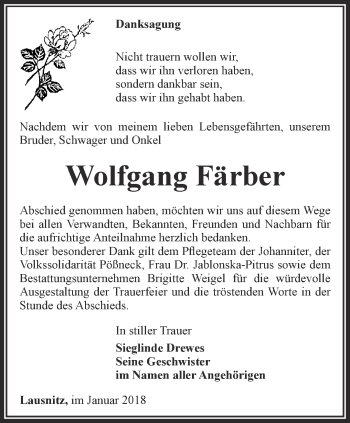 Traueranzeige von Wolfgang Färber von Ostthüringer Zeitung