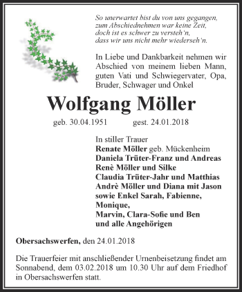 Traueranzeige von Wolfgang Möller von Thüringer Allgemeine