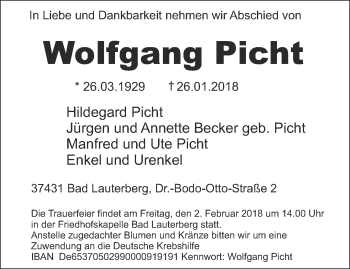 Traueranzeige von Wolfgang Picht von Thüringer Allgemeine