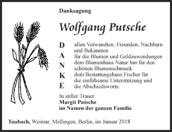 Traueranzeige von Wolfgang Putsche von Thüringer Allgemeine, Thüringische Landeszeitung