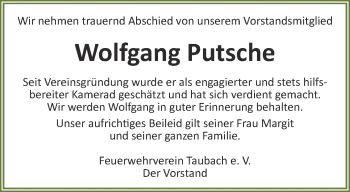 Traueranzeige von Wolfgang Putsche von Thüringer Allgemeine, Thüringische Landeszeitung