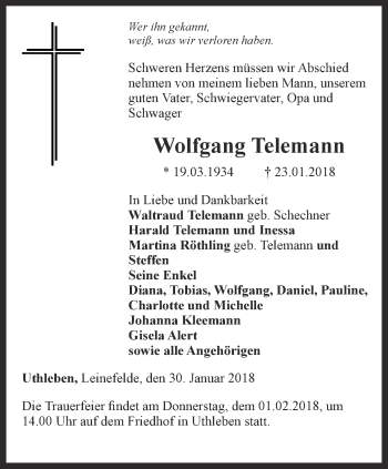 Traueranzeige von Wolfgang Telemann von Thüringer Allgemeine