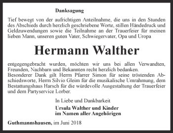 Traueranzeige von Hermann Walther von Thüringer Allgemeine, Thüringische Landeszeitung, Ostthüringer Zeitung