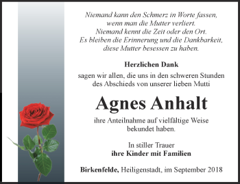 Traueranzeige von Agnes Anhalt von Thüringer Allgemeine