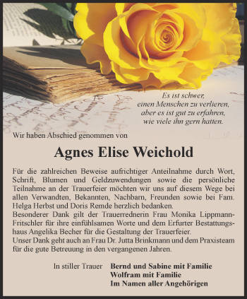 Traueranzeige von Agnes Elise Weichold von Thüringer Allgemeine, Thüringische Landeszeitung