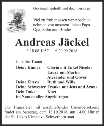 Traueranzeige von Andreas Jäckel von Thüringer Allgemeine, Thüringische Landeszeitung