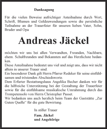 Traueranzeige von Andreas Jäckel von Thüringer Allgemeine, Thüringische Landeszeitung