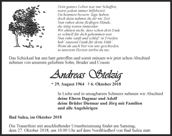 Traueranzeige von Andreas Stelzig von Thüringer Allgemeine, Thüringische Landeszeitung