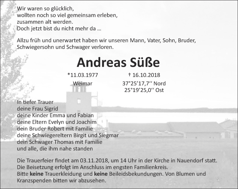  Traueranzeige für Andreas Süße vom 27.10.2018 aus Thüringer Allgemeine, Thüringische Landeszeitung