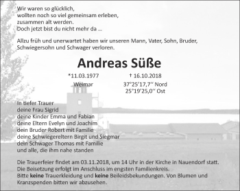 Traueranzeige von Andreas Süße von Thüringer Allgemeine, Thüringische Landeszeitung