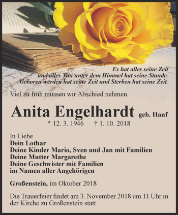 Traueranzeige von Anita Engelhardt von Ostthüringer Zeitung