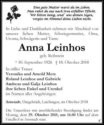 Traueranzeige von Anna Leinhos von Thüringer Allgemeine