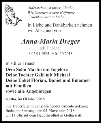 Traueranzeige von Anna-Maria Dreger von Ostthüringer Zeitung, Thüringische Landeszeitung