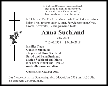 Traueranzeige von Anna Suchland von Thüringer Allgemeine