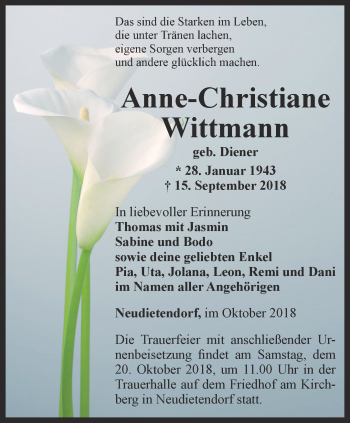 Traueranzeige von Anne-Christiane Wittmann von Thüringer Allgemeine, Thüringische Landeszeitung