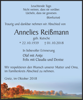 Traueranzeige von Annelies Reißmann
