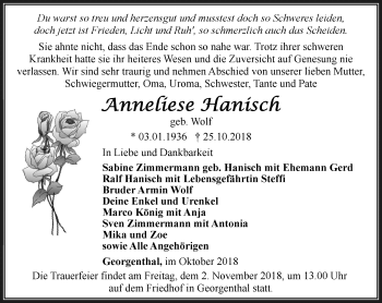 Traueranzeige von Anneliese Hanisch von Ostthüringer Zeitung, Thüringische Landeszeitung