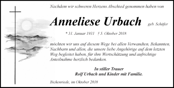 Traueranzeige von Anneliese Urbach von Thüringer Allgemeine, Thüringische Landeszeitung