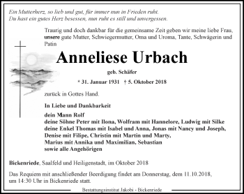 Traueranzeige von Anneliese Urbach von Thüringer Allgemeine, Thüringische Landeszeitung