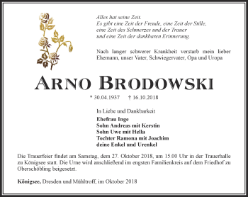 Traueranzeige von Arno Brodowski von Ostthüringer Zeitung