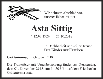 Traueranzeige von Asta Sittig von Thüringer Allgemeine, Thüringische Landeszeitung