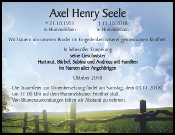 Traueranzeige von Axel Henry Seele von Ostthüringer Zeitung, Thüringische Landeszeitung
