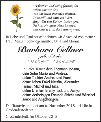 Traueranzeige von Barbara Cellner von Thüringer Allgemeine