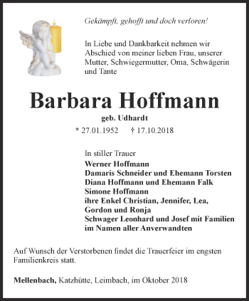 Traueranzeige von Barbara Hoffmann von Ostthüringer Zeitung