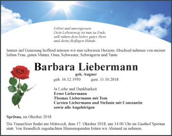 Traueranzeige von Barbara Liebermann von Thüringer Allgemeine