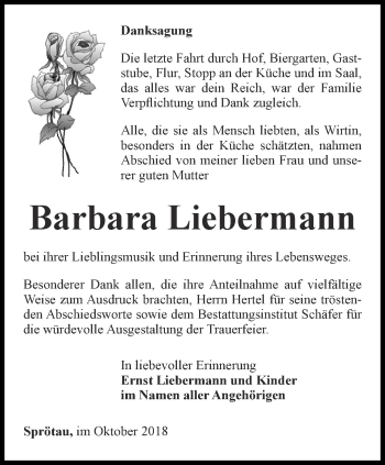 Traueranzeige von Barbara Liebermann von Thüringer Allgemeine